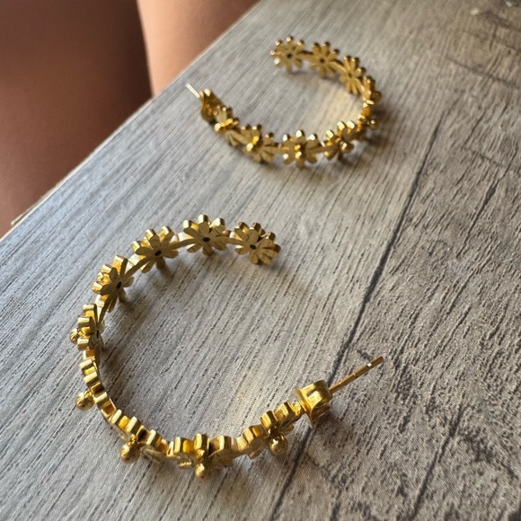 Gold Tone Floral Hoop Earrings (waterproof) - Picture 1 of 3